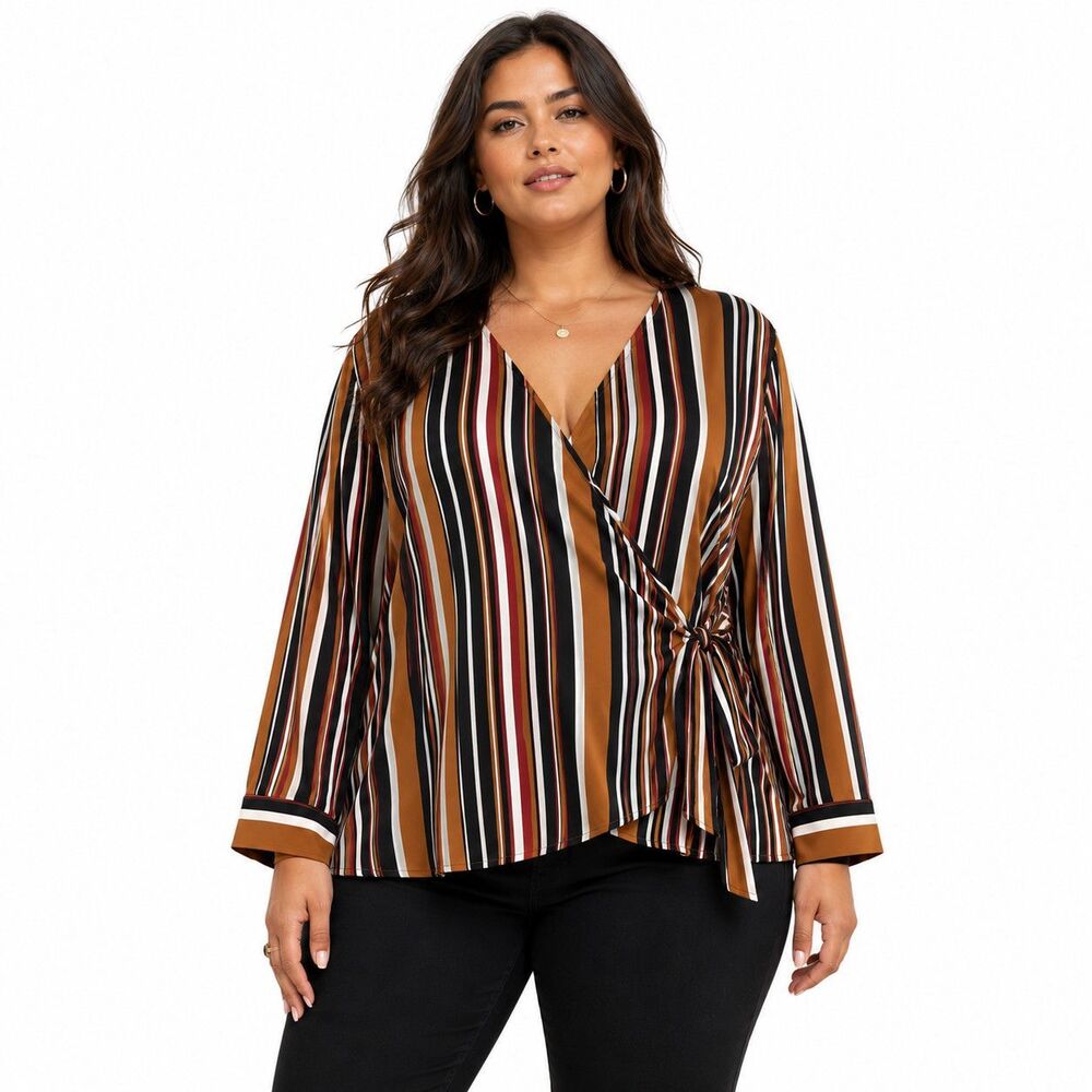 Lulus Blouse Womens XL Multicolor Striped V Neck Tie Front Long Sleeve Top